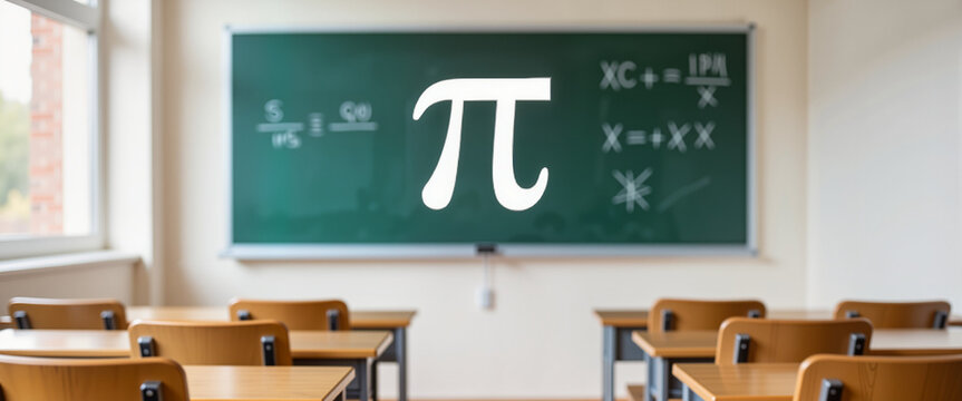 Mathematical pi symbol on chalkboard in empty classroom, Day of Pi