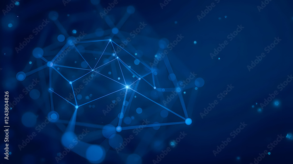 Poster abstract blue background with glowing dots and connected lines representing technology, science, and
