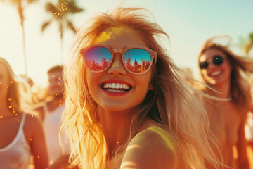 Group of friends enjoying a sunny beach day with vibrant sunglasses and smiles during golden hour
