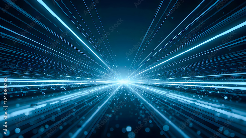 Poster dynamic perspective of light rays expanding into a vibrant blue space filled with particles in a con