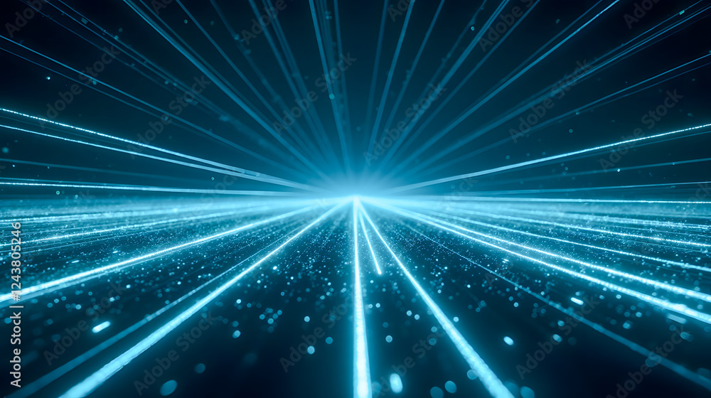 Poster futuristic digital background with radiating light beams and sparkling particles in a dark space atm