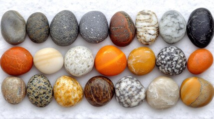 Polished stones arranged on white background, close-up shot, for website design