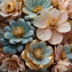 Beautiful arrangement of pastel-colored artificial flowers with intricate details and copy space