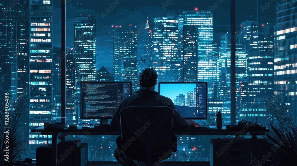 Poster night city coder: a digital artist's depiction of a programmer working late at night in a skyscraper