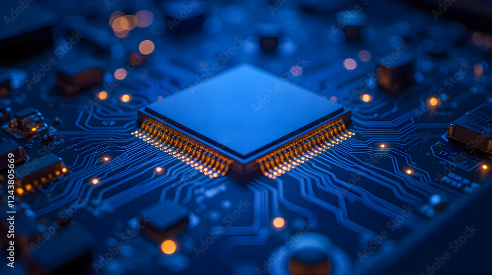 Poster high-resolution close-up of a microchip on a technology circuit board with glowing led lights in dar