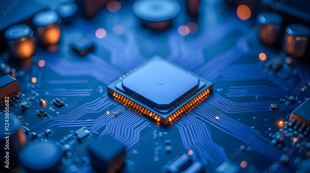 Poster close-up of a microchip with circuit board background, illuminated leds and high-tech design, ideal 