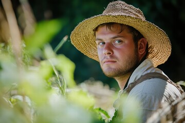 Young farmer wearing straw hat looking thoughtfully into the distance among green plants in a rural setting