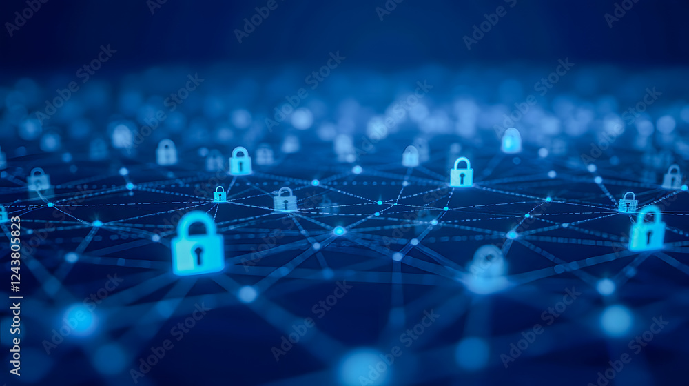 Poster network connections with digital locks representing cyber security in a technological landscape of d