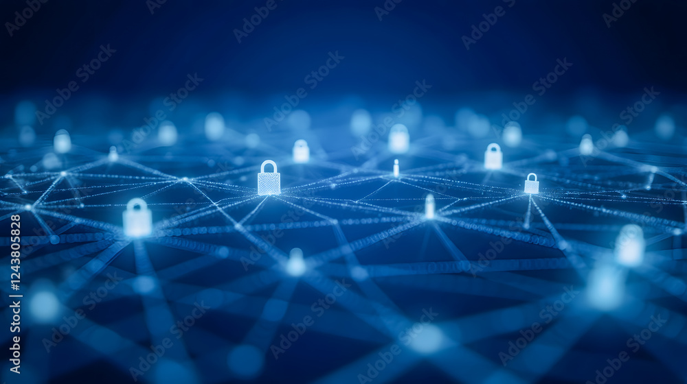 Poster digital network with glowing padlocks representing cybersecurity and data protection in a connected 