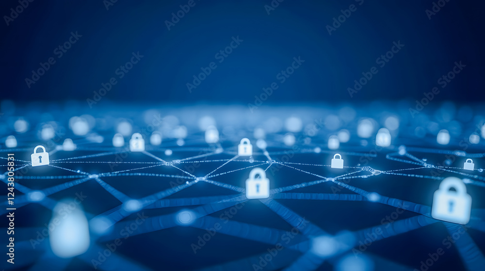 Poster digital network with security icons representing cybersecurity, data protection, and online privacy 