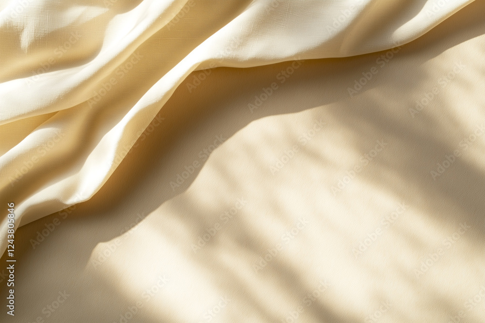 Poster soft cream fabric gently draped on a table, illuminated by warm sunlight creating a calming atmosphe