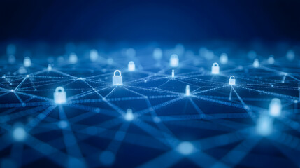 Obraz premium Digital network with glowing padlocks representing cybersecurity and data protection in a connected world, illustrating security solutions and challenges