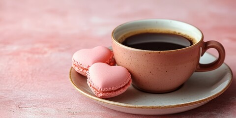 A romantic breakfast setup featuring heart-shaped cookies, pink flowers, and a cup of coffee. Ideal for Valentine's Day, romance, and love-themed content.