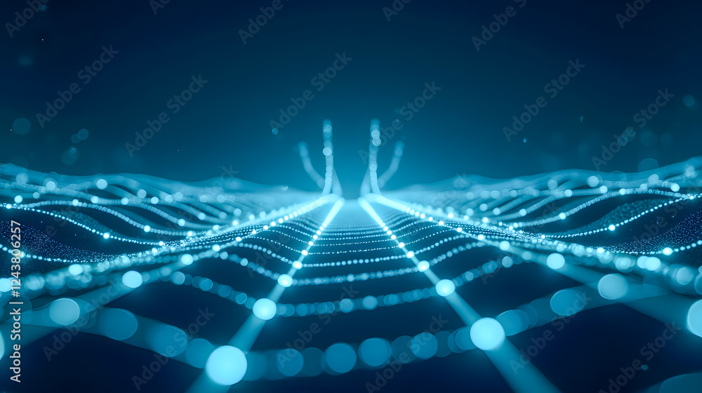 Poster futuristic digital landscape with light particles and flowing waves creating an abstract background 