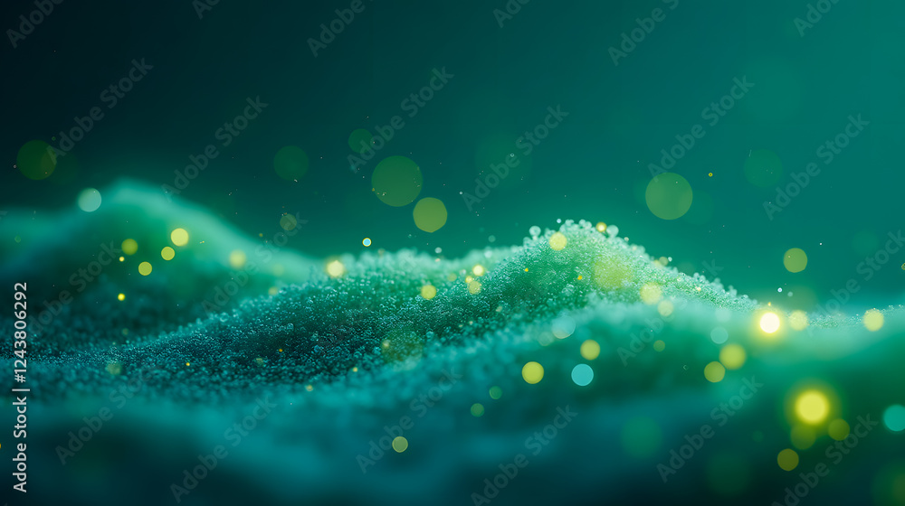 Poster ethereal green abstract landscape with glowing particles and textured surface capturing emotion of p