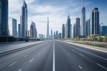 Obraz premium A stunning view of a modern city skyline features impressive skyscrapers and a smooth road, showcasing contemporary architecture in a vibrant urban landscape that attracts the eye