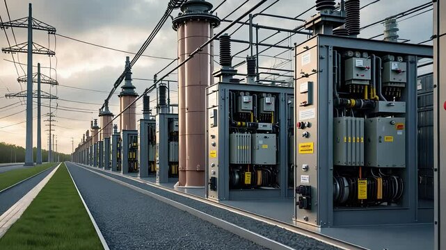 High-Voltage Electrical Substation with Power Transformers and Transmission Lines in an Industrial Energy Facility


