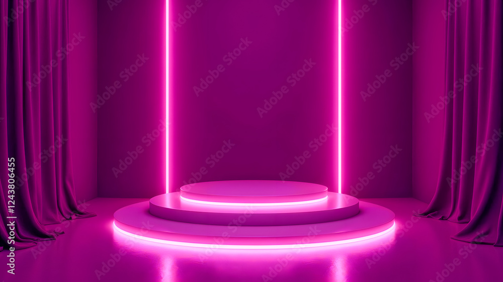 Poster vibrant pink neon stage with illuminated circles and draped curtains for background performance setu
