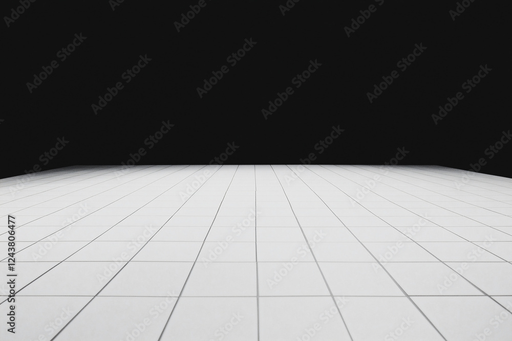 Poster Minimalist Grid: A clean and modern minimalist backdrop with a grid pattern on a white tiled floor, illuminated by a soft spotlight.