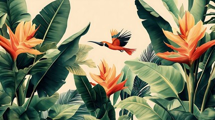 Tropical Bird of Paradise Flowers with Green Leaves