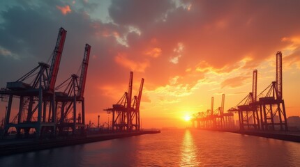 Obraz premium Sunset Over Cargo Cranes in an Industrial Harbor During Evening Hours