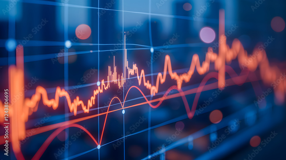 Poster vibrant digital chart with fluctuating lines and data points representing market trends and analysis