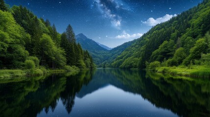 A Serene Lake Enveloped by Lush Trees Creating a Picturesque Nature Landscape Perfect for Escape into Tranquility and Peaceful Reflection