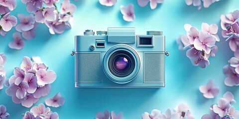 Vintage camera surrounded by blooming flowers on a pastel blue background creating a serene atmosphere for photography enthusiasts