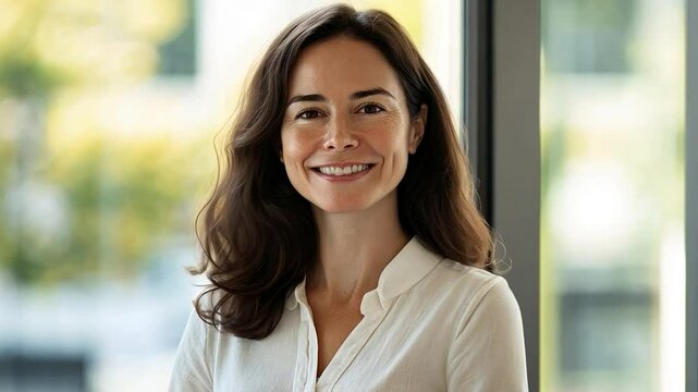 Smiling woman headshot, office window, city view, profile picture