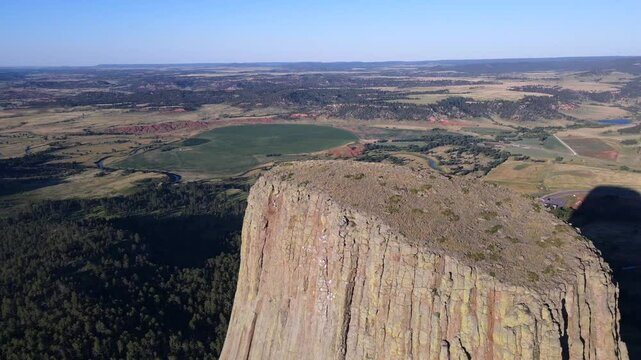 Drone Shot of Devils Tower: Majestic Monolithic Volcanic Butte in Wyoming