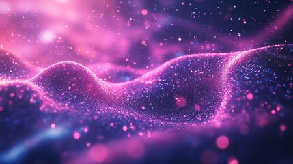 Abstract digital pink and purple wave, glowing particles, nebula background