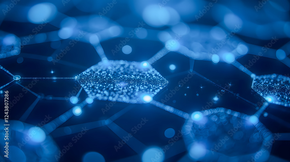 Poster futuristic abstract background with connected hexagons and glowing particles in deep blue color sche