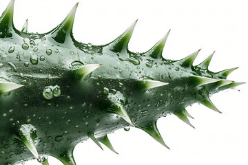 Obraz premium Aloe Vera Leaf Macro: Close-up of a fresh, vibrant aloe vera leaf, featuring its distinctive prickly edges and glistening droplets of water.