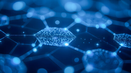 Obraz premium Futuristic Abstract Background with Connected Hexagons and Glowing Particles in Deep Blue Color Scheme for Technology Concepts