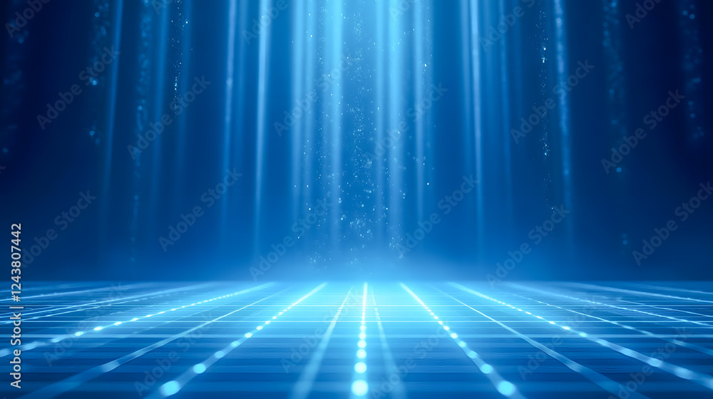 Poster ethereal blue light beams shining through a misty atmosphere with glowing particles and grid floor d