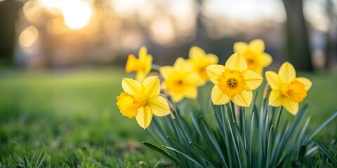 Obraz premium Vibrant Yellow Daffodils in Bloom, Close Up with Blurred Backdrop of Green Grass and Sunlit Sky