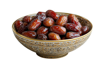 Obraz premium Ornate ceramic bowl filled with glossy Medjool dates, isolated on a transparent background.