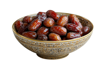 Ornate ceramic bowl filled with glossy Medjool dates, isolated on a transparent background.