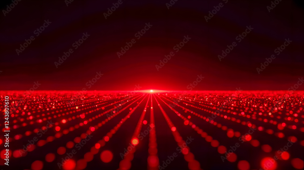Poster expansive red landscape with glowing particles and depth illusion in futuristic digital visualizatio