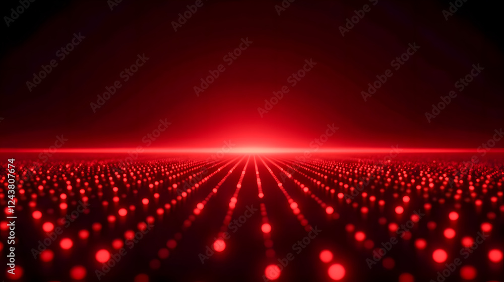 Poster abstract red landscape with dots in perspective creating a futuristic digital atmosphere at dusk wit