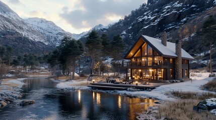 Fototapeta premium A Dream Home Embraced by Majestic Mountains and Serene Nature: The Perfect Getaway Retreat