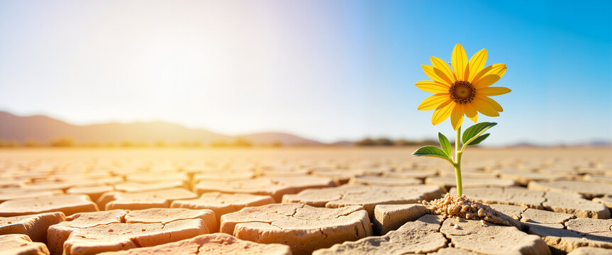 Blooming flower on cracked earth under bright sky, symbol of hope