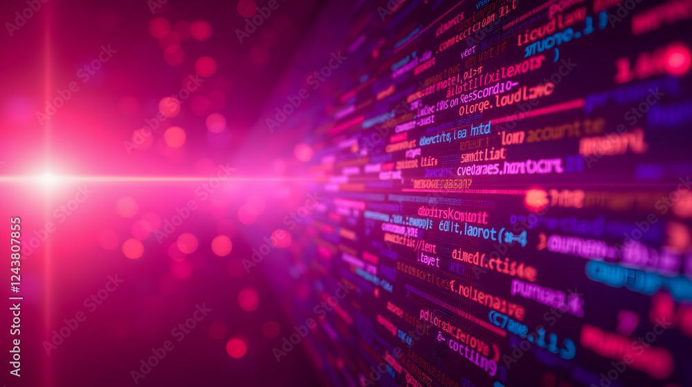 Poster vibrant abstract digital background with colorful code lines and glowing particles in a futuristic t