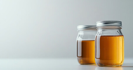 Two jars of organic honey are displayed on a simple surface. This natural product highlights the quality and care involved in sustainable beekeeping methods, sourced from local hives.