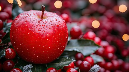 A Dewy Red Apple Among Holly Berries and Festive Lights