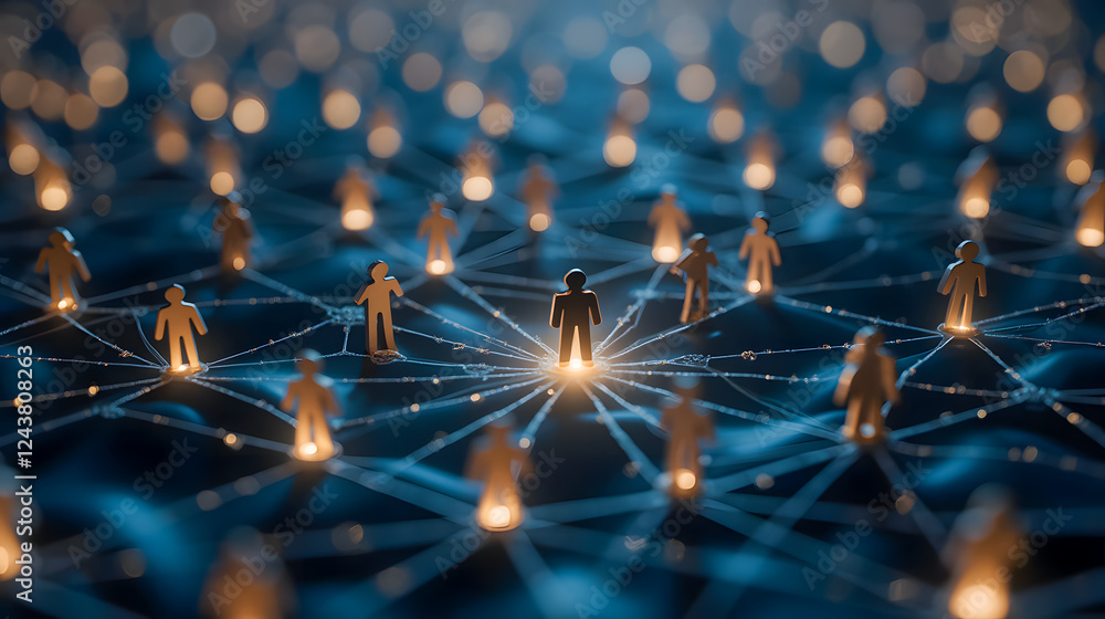 Poster Abstract representation of human connection and network with glowing figures on a dark background, symbolizing unity and interaction in society
