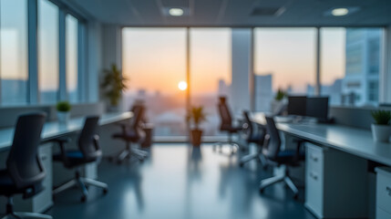 Bright Sunrise Over Modern Office Space with Blurred Background and Empty Desks, Inspiring Work Environment during Dawn