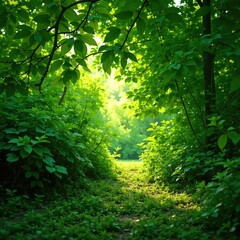 Fototapeta premium Leaves stretch above the ground, casting dappled shade, nature, verdant