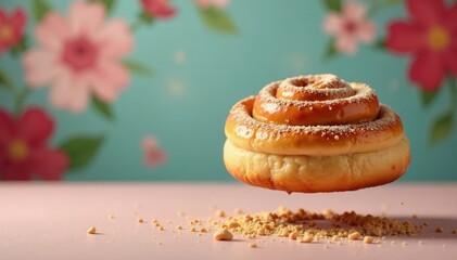 Levitating cinnamon buns with floral background, baking, sweet treats, tasty