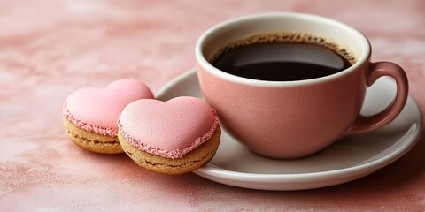A romantic breakfast setup featuring heart-shaped cookies, pink flowers, and a cup of coffee. Ideal for Valentine's Day, romance, and love-themed content.
